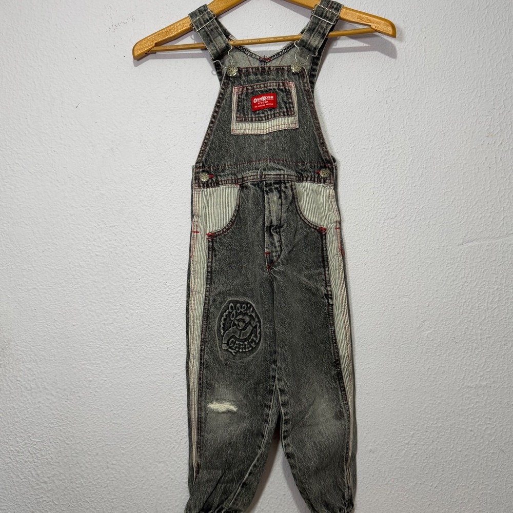 Vintage OshKosh Overalls Joe's Garage Gray Denim Kids Sz 5 Made USA Retro 90s - Picture 1 of 10